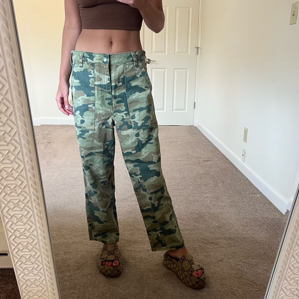 Free People High-Rise Camo Utility Jeans in Green